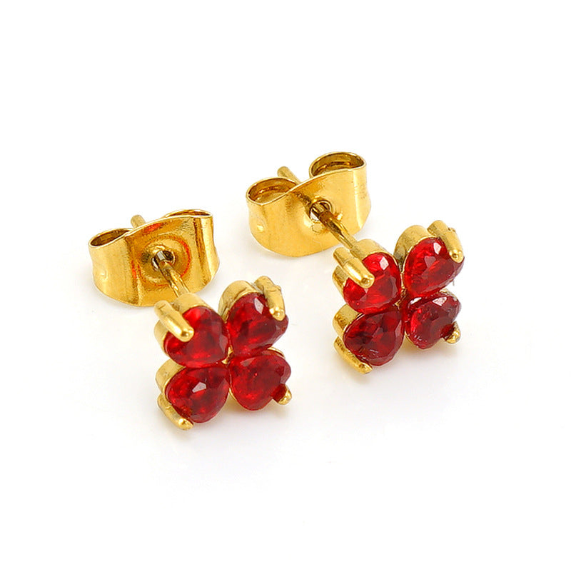 Wholesale Stainless Steel Plated Earrings for Women 18K Gold Inlaid Zircon Four-leaf Clover Earrings ACC-ES-ZhongXin005