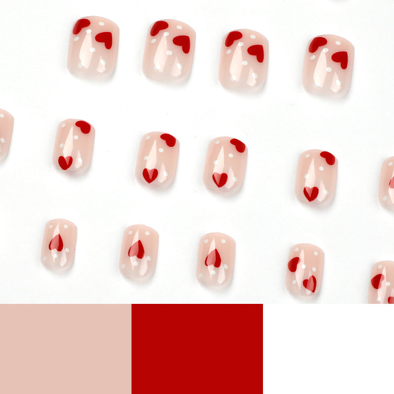 Wholesale 24 Pieces/box Valentine's Day Short Red Polka Dot Heart Wearable Nail Press-on Nails Kits ACC-NS-LeFan016