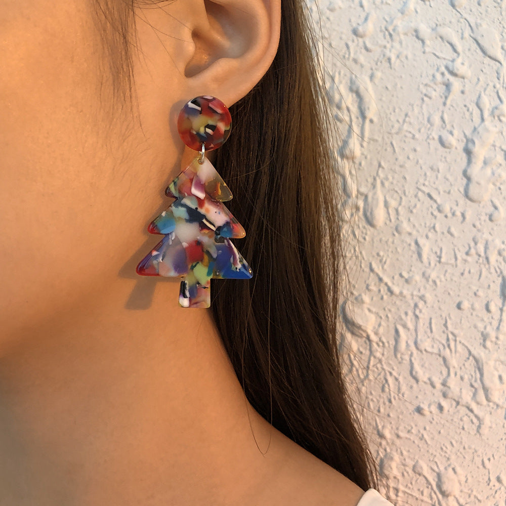 Wholesale E10180 European and American cross-border jewelry simple color Christmas tree earrings personalized acetic acid plate fashion earrings for women