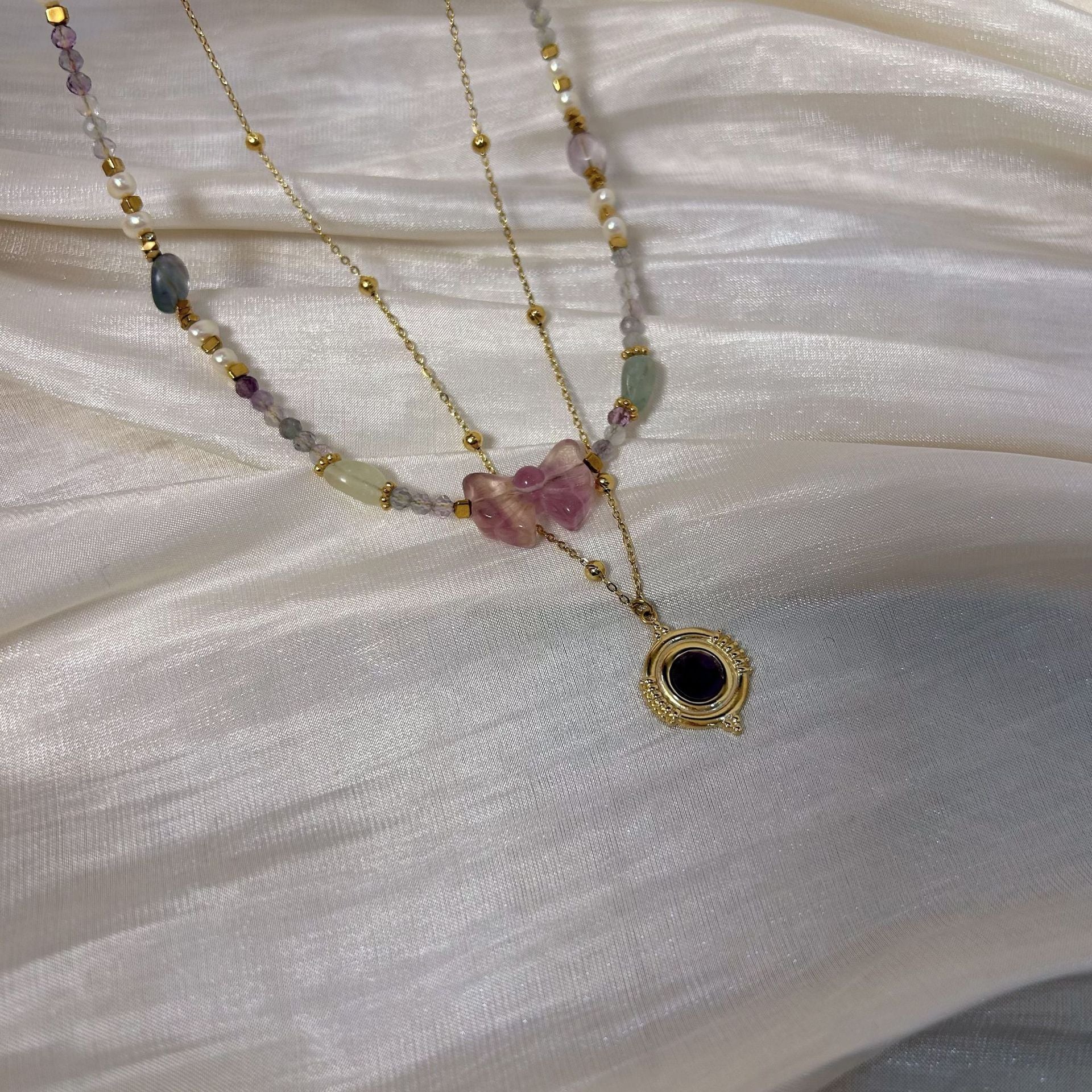 Wholesale Stainless steel Colorful Natural Stone Pearl Beaded Necklace