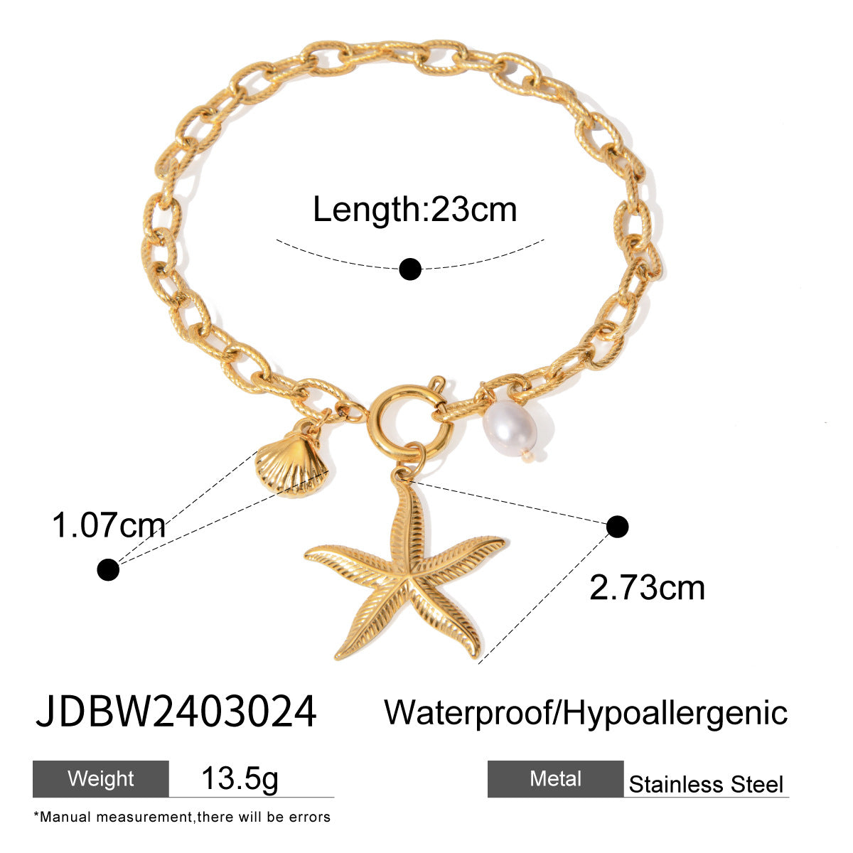 Wholesale 18k gold stainless steel starfish shell natural freshwater pearl bracelet