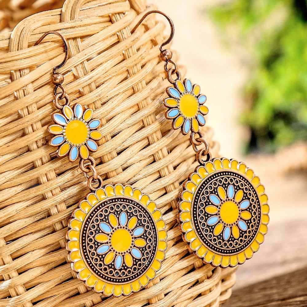 Wholesale Retro Sunflower Oil Drip Earrings - Zinc Alloy Jewelry Accessory for Party