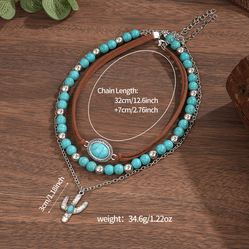 Wholesale Women' s Alloy Cactus Pendant Imitation Turquoise Necklace Set Retro