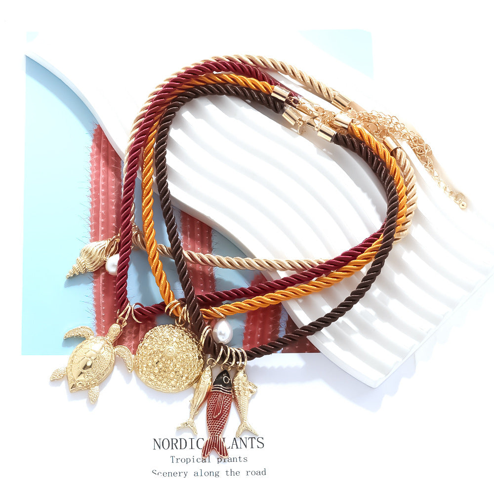 Wholesale summer ocean wind stacked fish turtle conch pendant suit necklace