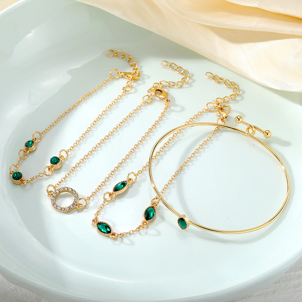 Wholesale Imitation Emerald Diamond Rhinestone Bracelet Set - 4 Piece Boutique Resale Fashion Accessory for Women