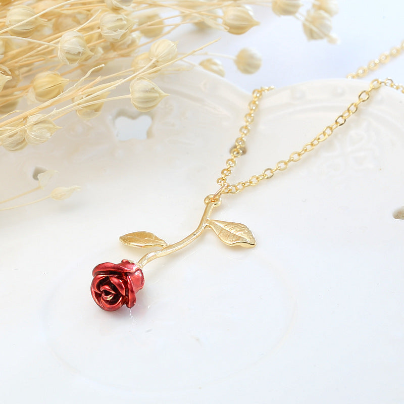 Wholesale Creative Water Drop Red Rose Necklace