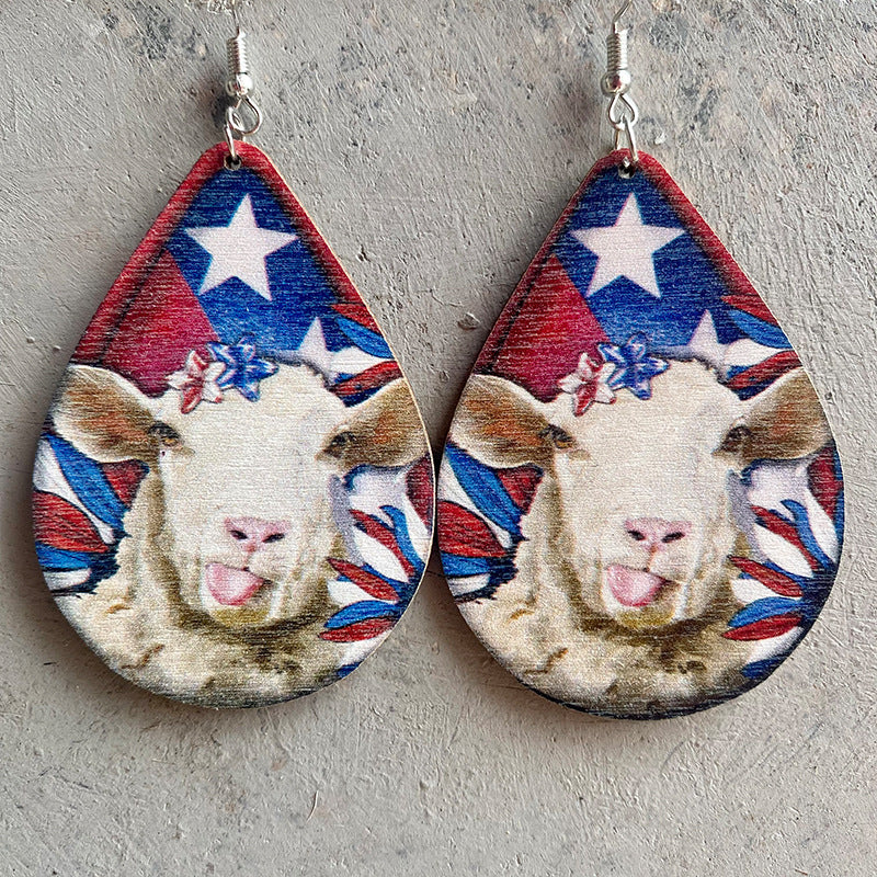 Wholesale 2 Pairs/pack American Independence Day Texas West Farm Cow Puppy Piggy Wooden Earrings Western style ACC-ES-HY048