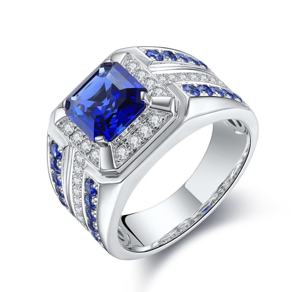 Wholesale Stylish Men' s Silver Tone Alloy Ring with Blue Square Zircon Pave,  Fashion Jewelry Accessory