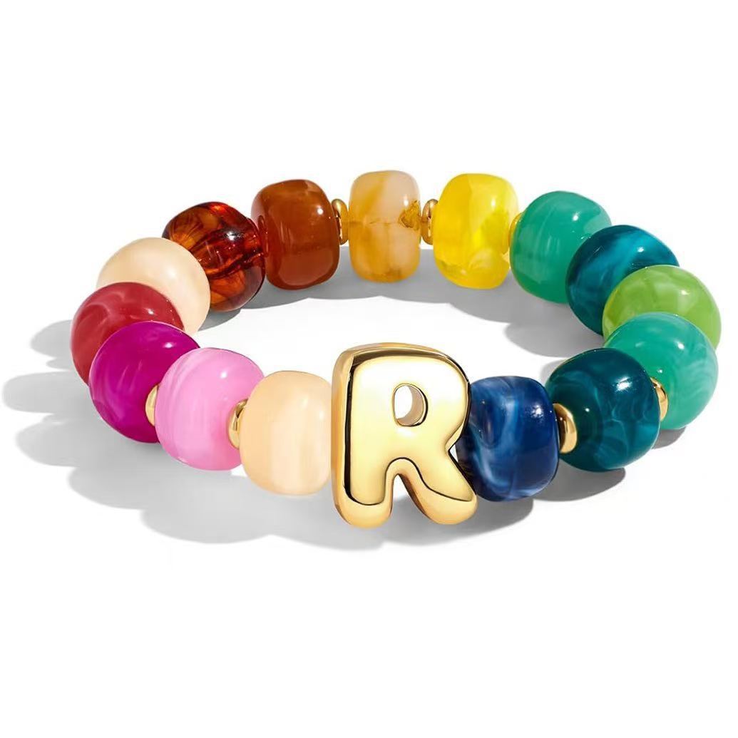 Wholesale 2026 Amazon Cross-Border Colorful Beaded 26 Letter Bracelet for Women,  Resin,  Fashionable and Unique,  High Elasticity Bracelet