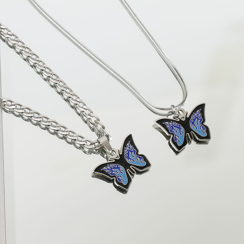 Wholesale Blue Titanium Steel Butterfly Necklace