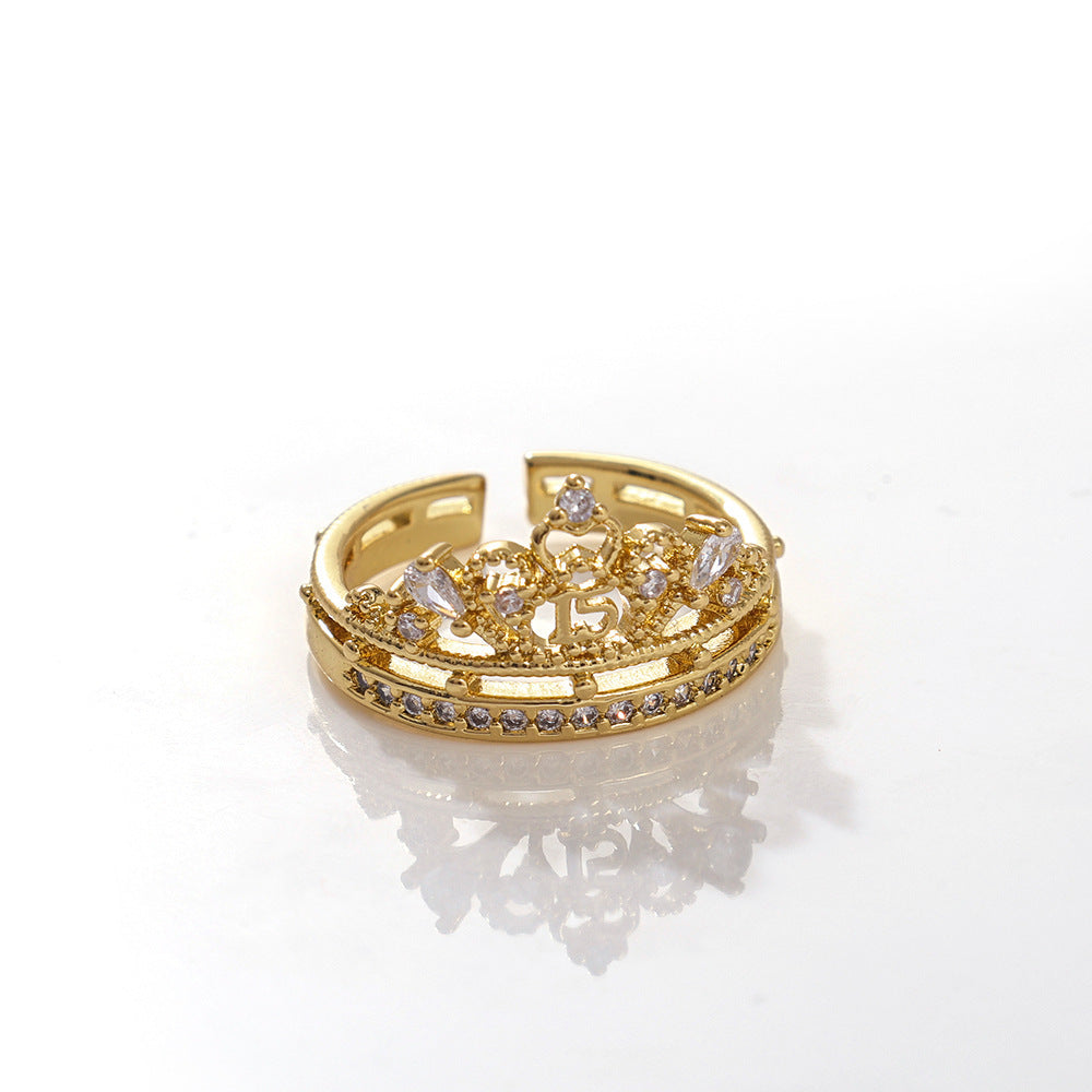 Wholesale Gold Plated Copper Zircon Open Ring with Crown Design Jewelry Accessory Gift