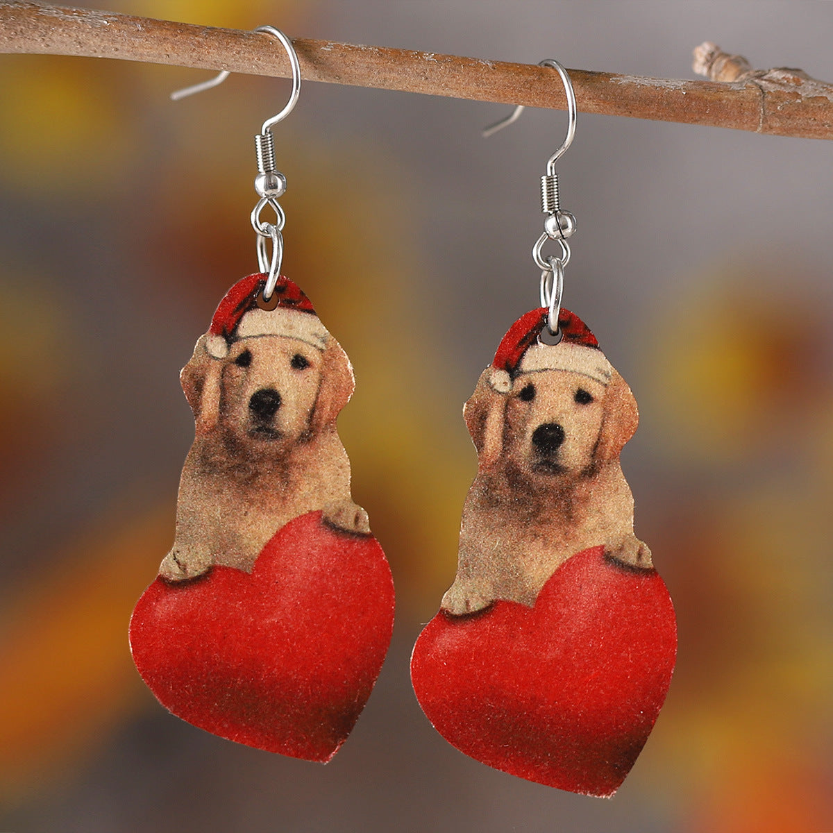 Wholesale Wooden Valentine' s Day Leopard Striped Heart Dwarf Dog Pendant Earrings