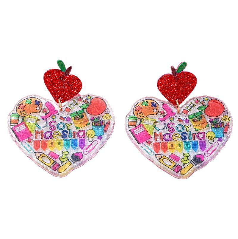 Wholesale Fashion Earrings  Cute Heart-Shaped LettersApple Earrings Teacher' s Day Acrylic Earrings Jewelry