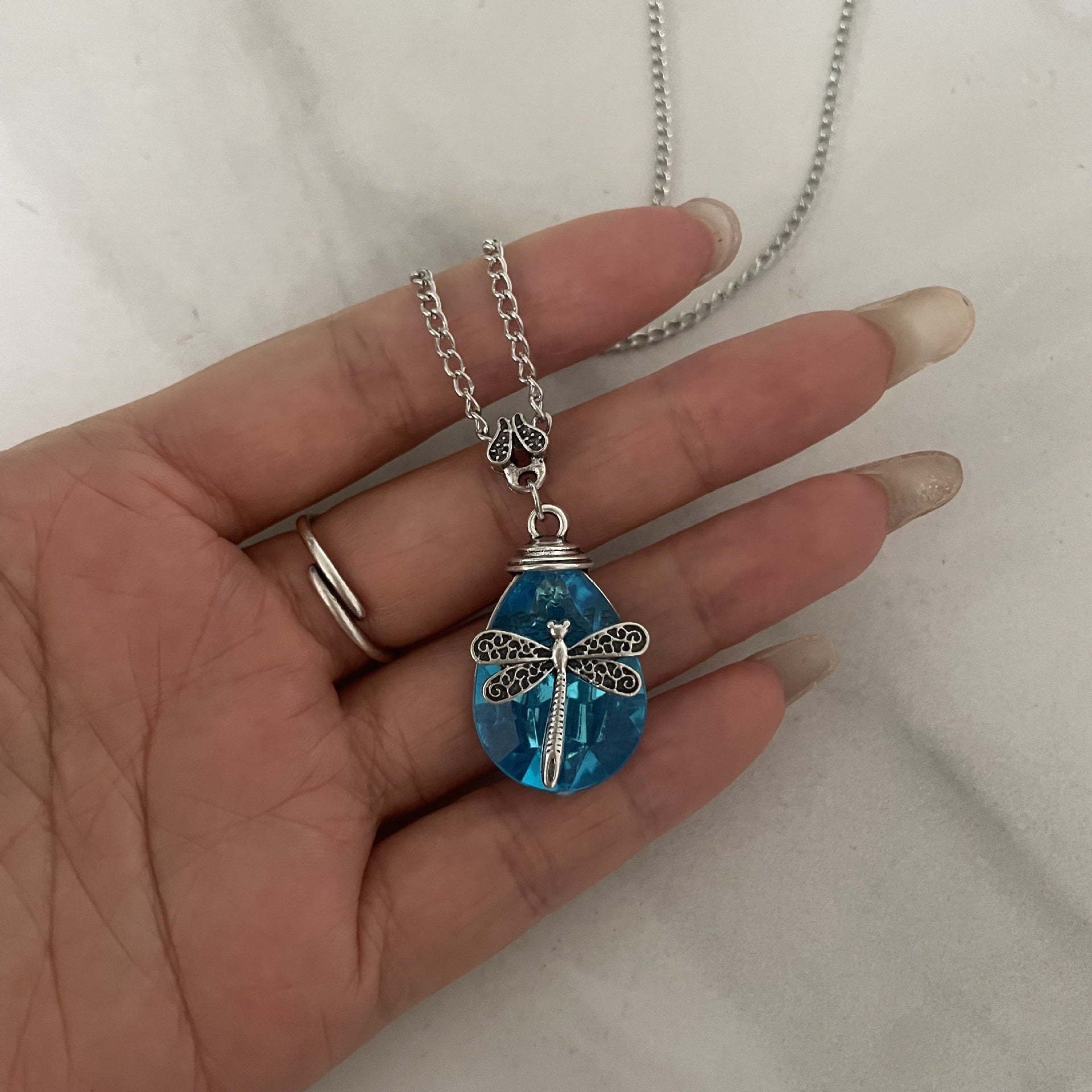 Wholesale Bohemian Retro Dragonfly Pendant Necklace Blue Acrylic Rhinestone Women S Fashion Jewelry Gift