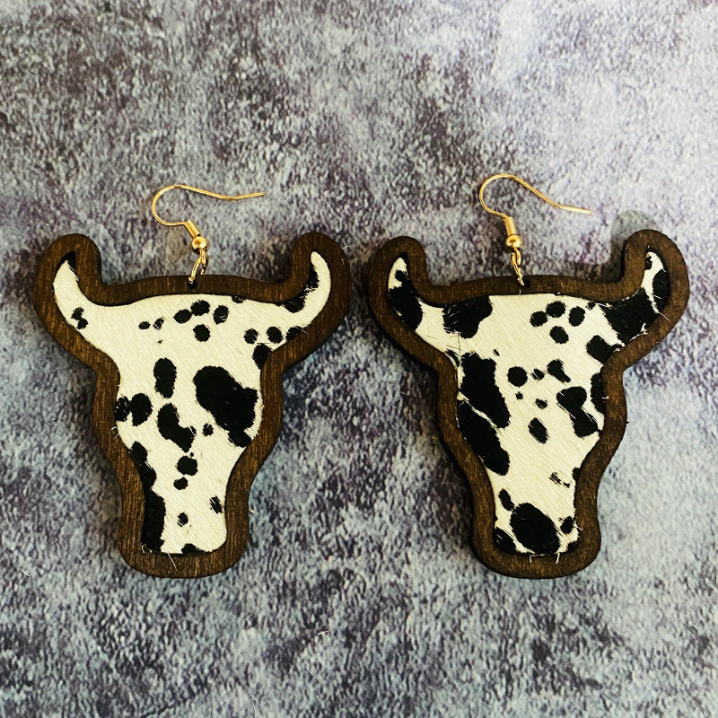 Wholesale retro genuine leather  Western cow head leopard print horse hair inlaid earrings
