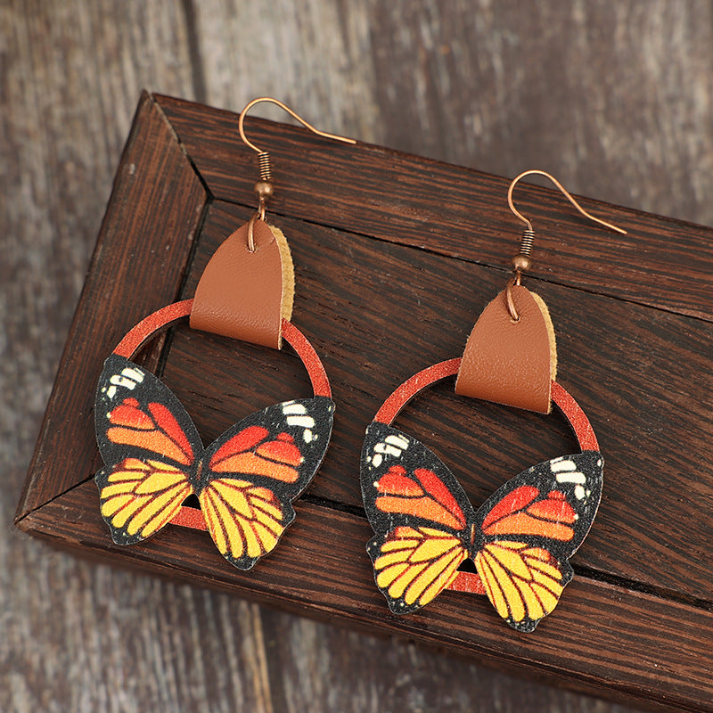 Wholesale Retro geometric circle stitching multi-color bow wooden Bohemian earrings