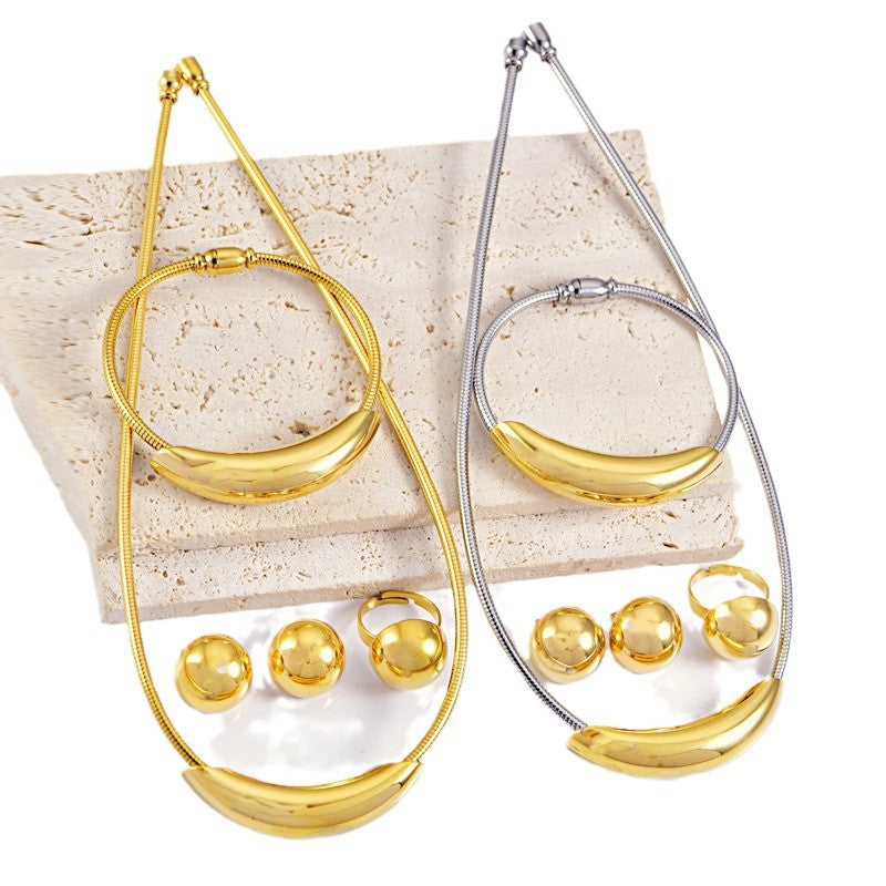 Wholesale Stainless steel magnet hollow elbow snake bone collar gold steel color bracelet  earring necklace suit