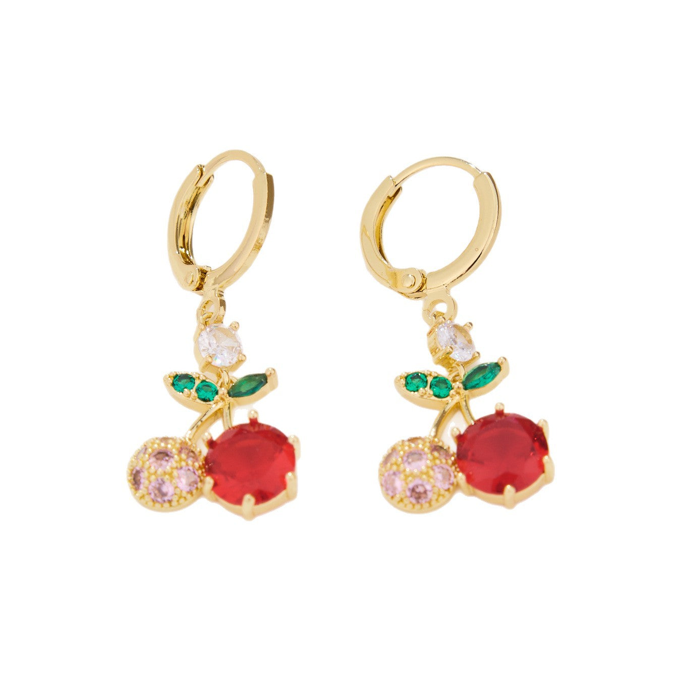 Wholesale diamond-encrusted cherry pendant gold-plated earrings.