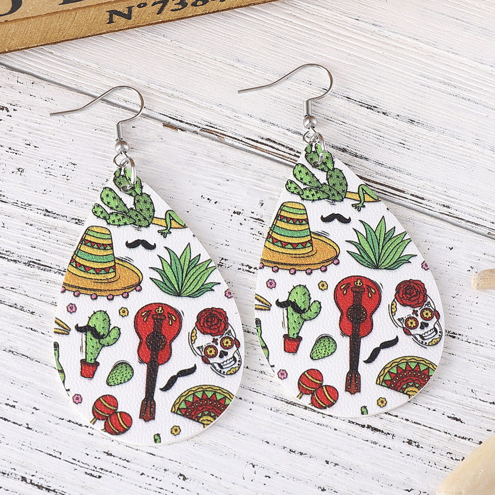 Wholesale Five-Five Straw Hat Bone Skull Leather Double-Sided Earrings