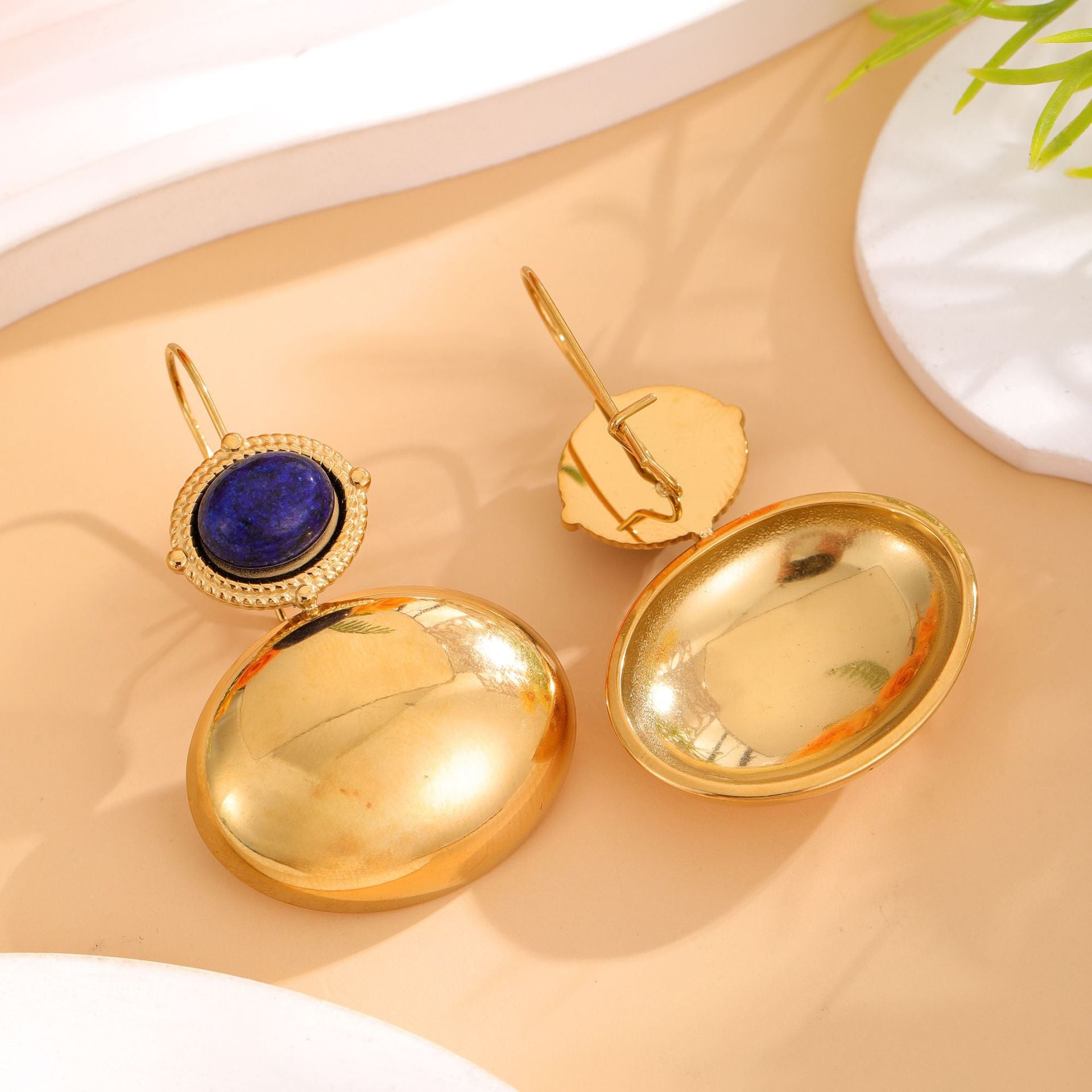 Wholesale stainless steel oval 18k gold-plated inlaid natural stone earrings jewelry