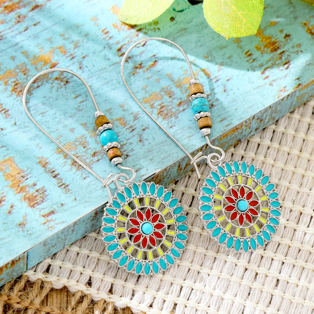 Wholesale Alloy Retro Ethnic Turquoise Bohemian Geometric Oil Drip Earrings Jewelry Accessory
