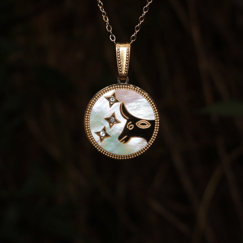 Wholesale Zodiac Diamond Round Shell Stainless Steel Pendant Necklace 18K Gold Plated