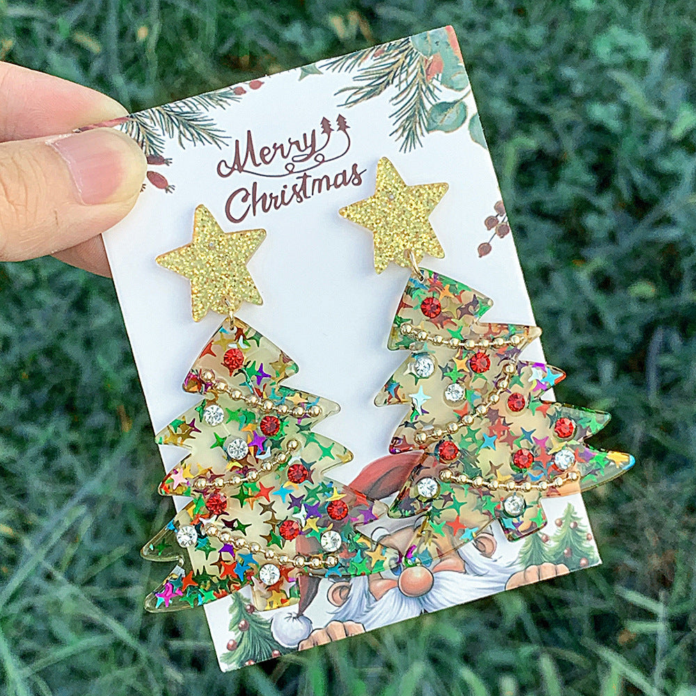 Wholesale Creative Acrylic Christmas Tree Diamond Bead Chain Christmas Earrings