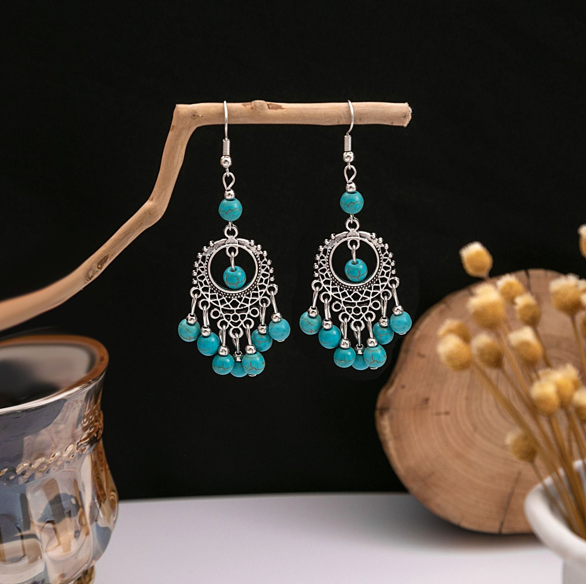 Wholesale retro ethnic style hollow flower tassel turquoise owl alloy earrings ACC-ES-MDD009