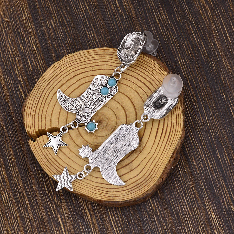 Wholesale Retro Western Cowboy Boots Hat Pendant Earrings Zinc Alloy Electroplated Fashion Jewelry Accessory