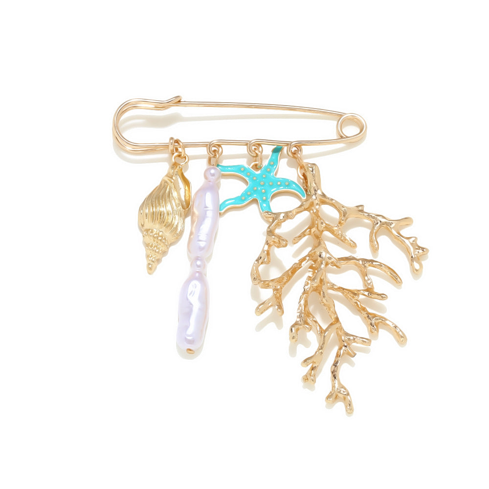 Wholesale Exaggerated coral dripping starfish patchwork Baroque pearl brooch,  creative marine element waist pin