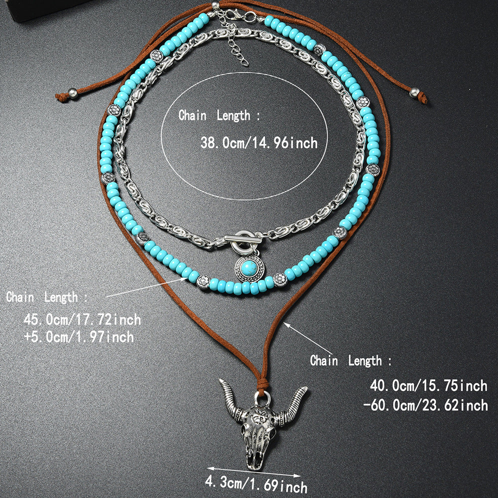 Wholesale Zinc Alloy Retro Cowboy Bull Head Pendant Layered Necklace Set With Turquoise Beads Ethnic Style Choker Fashion Jewelry For Resale