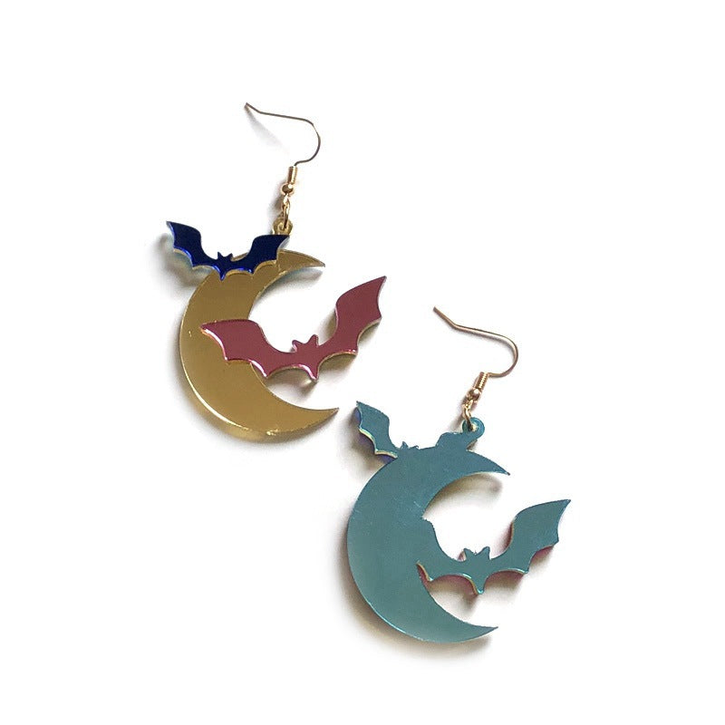 Wholesale Long Mirror Acrylic Gold Moon Bat Earrings  Fashion Accessory