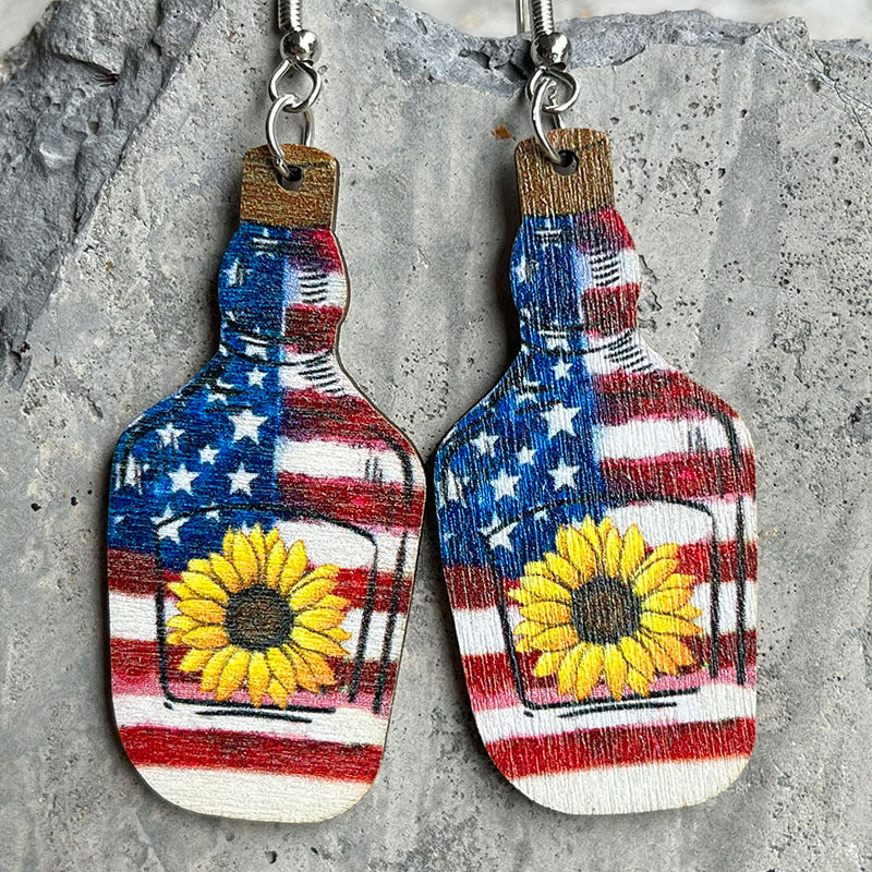 Wholesale 2 Pairs/Pack American Independence Day Western Style Cowboy Boots Cow Head Sunflower Wood Earrings ACC-ES-HY103