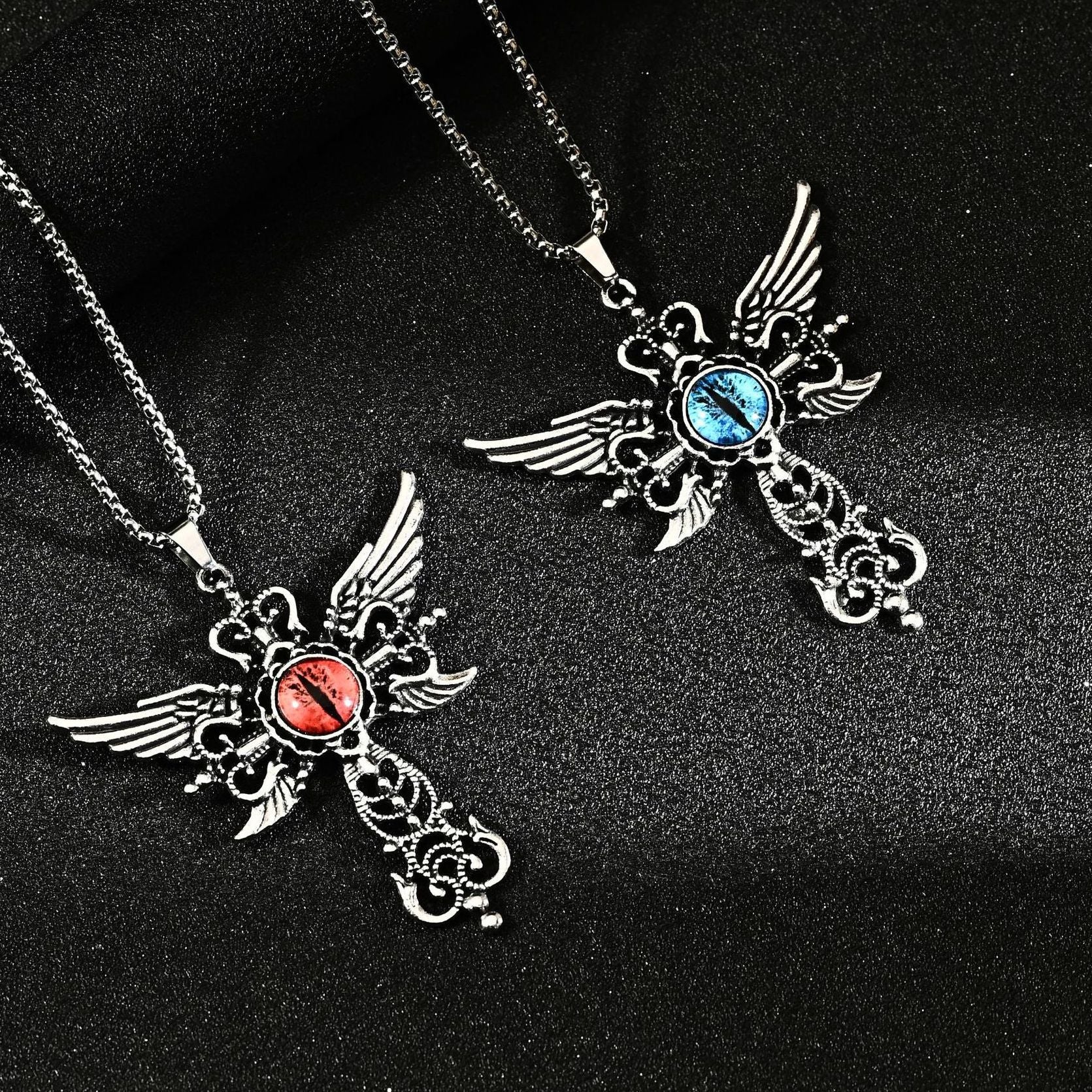 Wholesale Hip Hop Blue Demon Eye Wings Cross Pendant Necklace For Fashion Jewelry Accessory