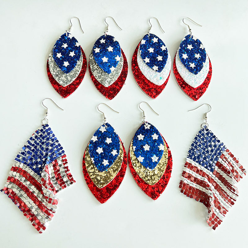 Wholesale 2 Pairs/pack American Independence Day Feather Shiny Leather Metal Mesh Leather Earrings ACC-ES-HY035
