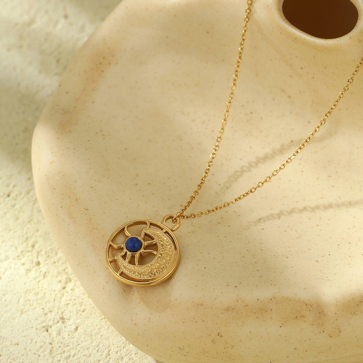 Wholesale  Devil's Eye Sun Moon Disc Natural Stone Pendant 18K True Gold Stainless Steel Necklaces