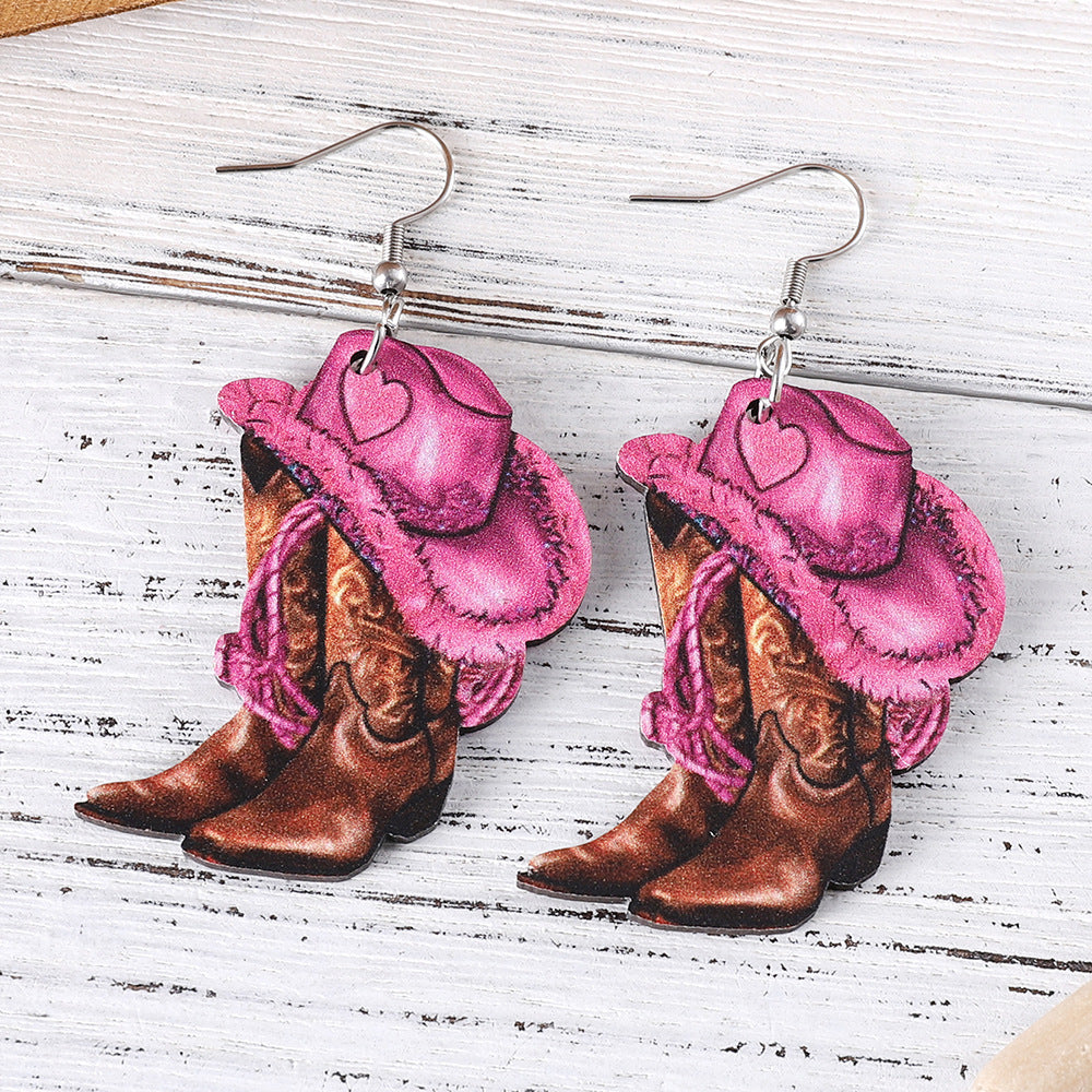 Wholesale Western Style Pink Cowboy Hat Cowboy Boots Wood Pendant Earrings ACC-ES-ChuLian056