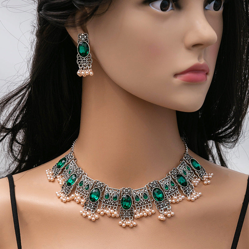 Wholesale Vintage Emerald Ethnic Style Square Tassel Rice Beads Earrings Necklace Set