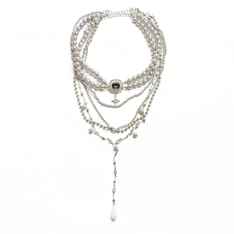 Wholesale Silver Grey Multi-layer Stacked Pearl Necklace
