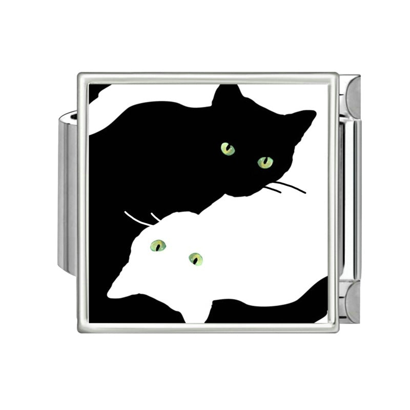 Wholesale Italian-Style Black and White Cat &  Star Patchwork Bracelet Stainless Steel DIY Jewelry Accessory