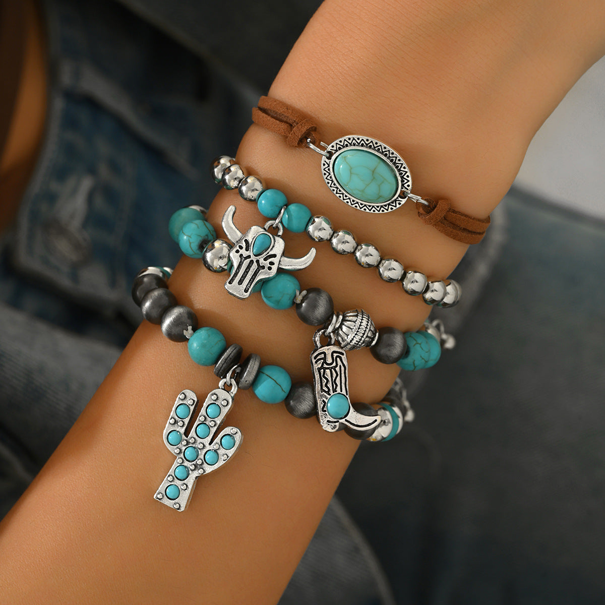 Wholesale 2PCS Western-style turquoise cactus bull' s head bracelet