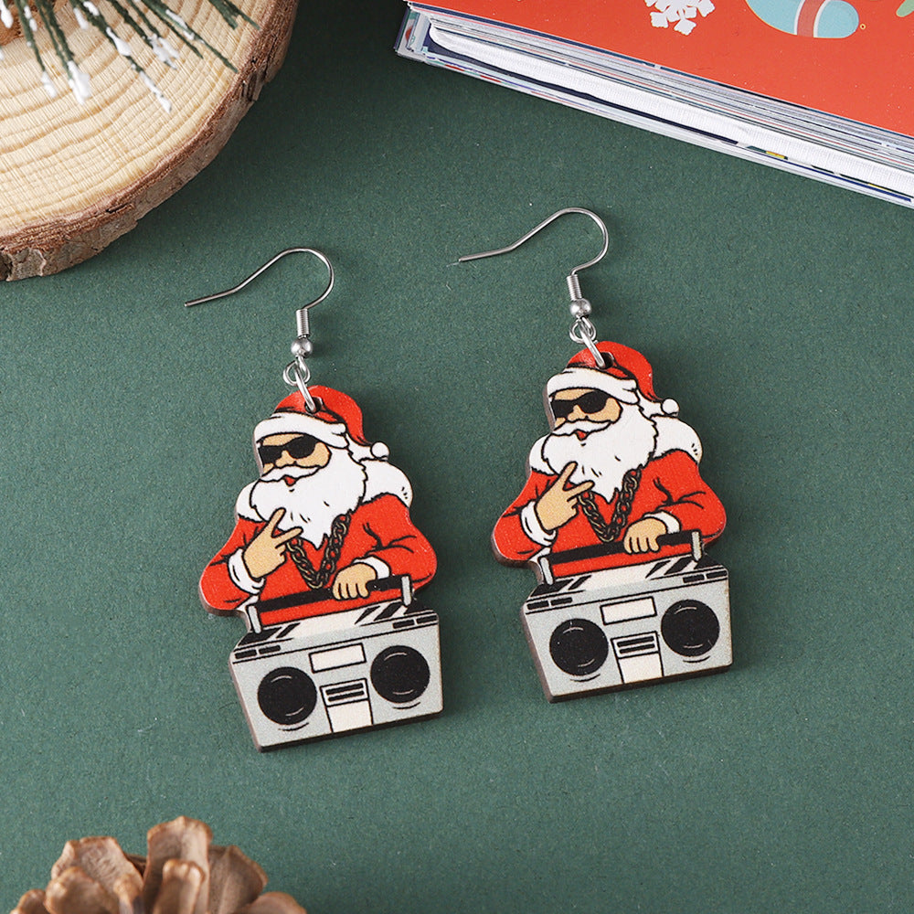 Wholesale Christmas Santa Pendant Earrings Wooden Double-sided Earrings
