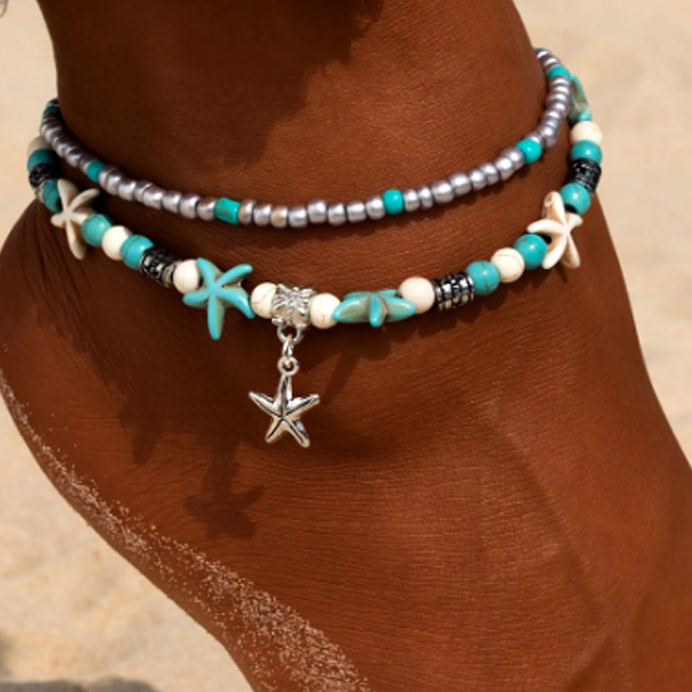Wholesale Turquoise Starfish Sea Turtle Beach Style Retro Double Layer Anklet ACC-AS-Gaot004