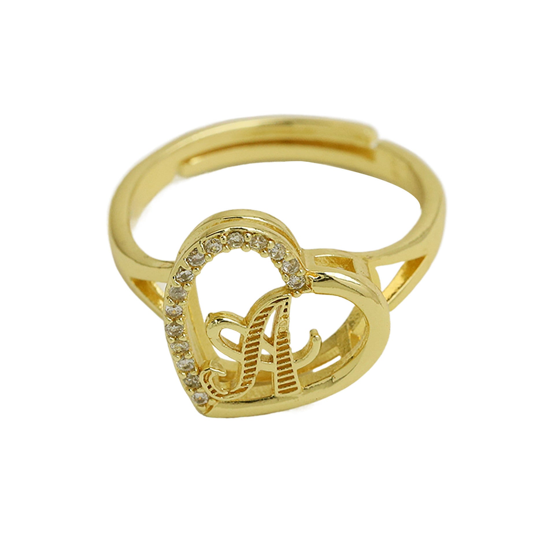 Wholesale  white gold heart-shaped love texture hollow 26 grass English letters open heart ring