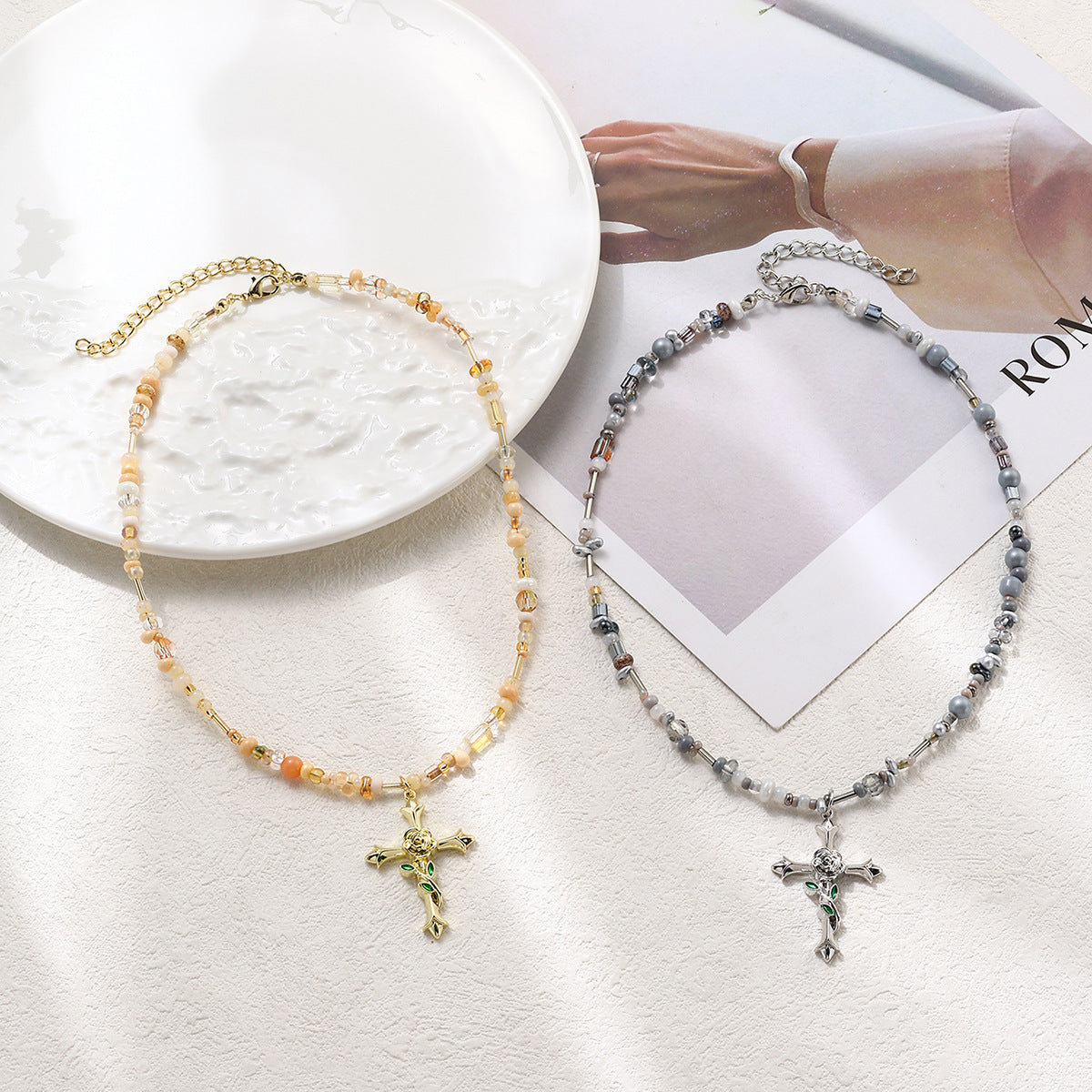 Wholesale  mosaic rose cross pendant necklace
