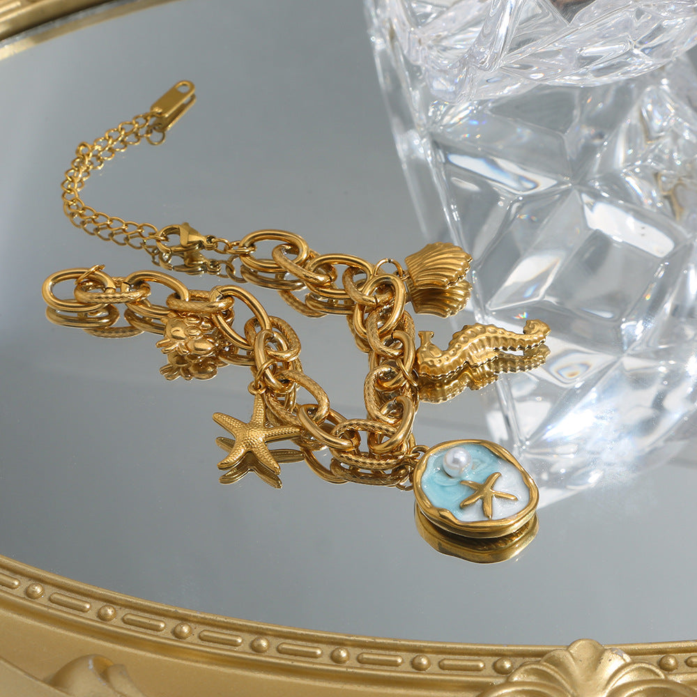 Wholesale Stainless Steel Vintage Ocean Themed Charm Bracelet with Starfish and Pearl - Fashion Accessory
