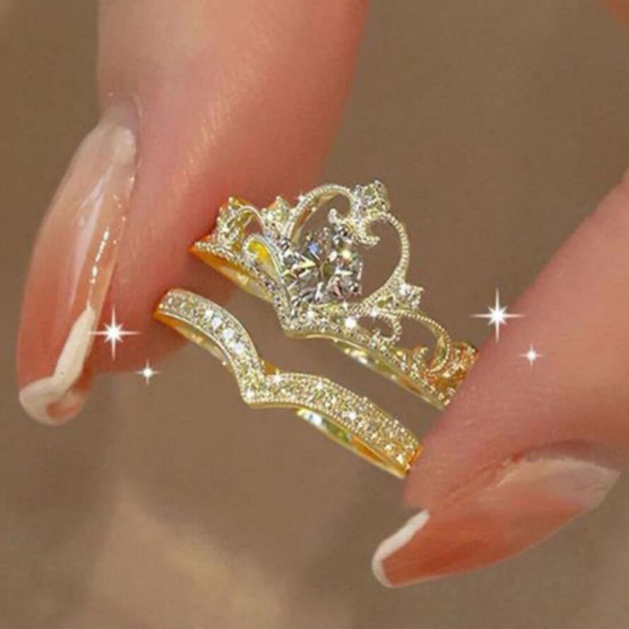 Wholesale Crown Princess Design Ring Set 2PCS Gold Alloy Fashion Jewelry Gift