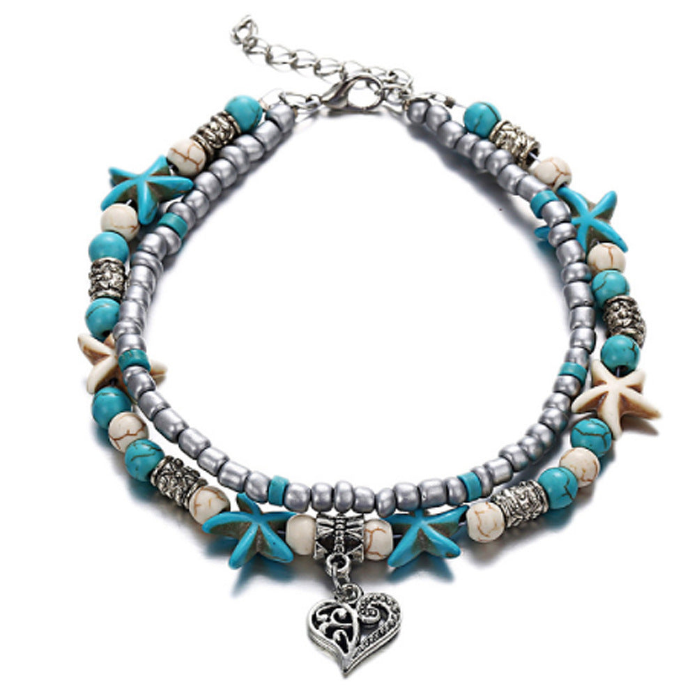 Wholesale Turquoise Starfish Sea Turtle Beach Style Retro Double Layer Anklet ACC-AS-Gaot004