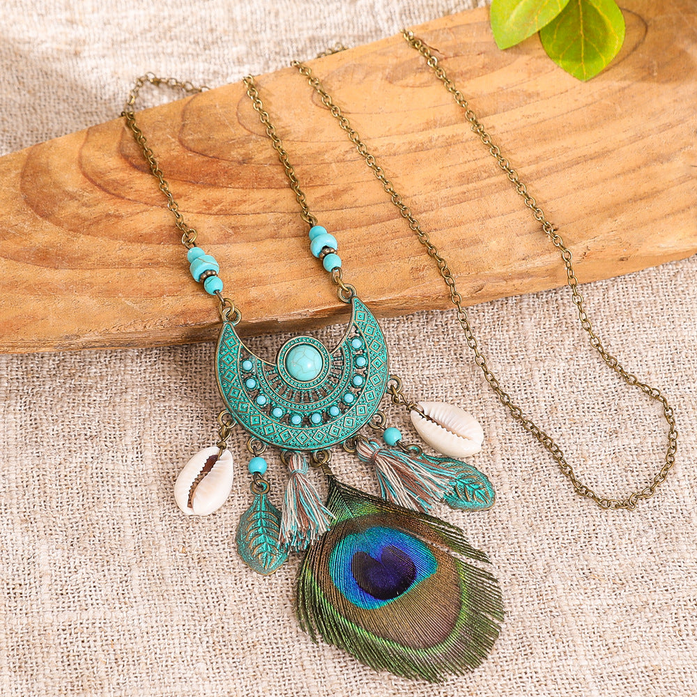 Wholesale Peacock Feather Geometric Long Necklace,  Handmade Shell Pendant Jewelry Accessory