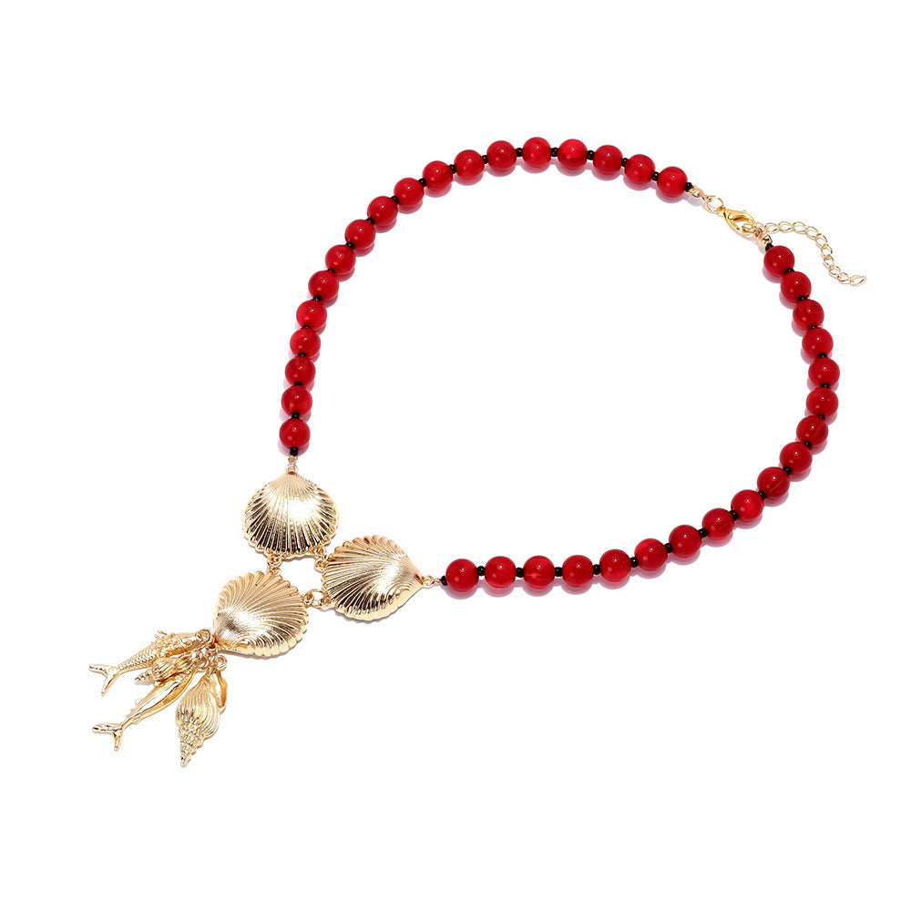 Wholesale Beaded Alloy Shell Tropical Fish Ear Pendant Chain  Marine Animal Necklace